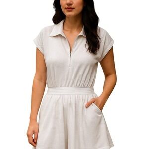 Free People Movement White Perforated Half-Zip Hot Romper‎ with Pockets White XS
